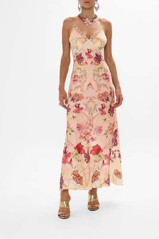 V NECK FULL LENGTH BIAS SLIP DRESS BLOSSOMS AND BRUSHSTROKES