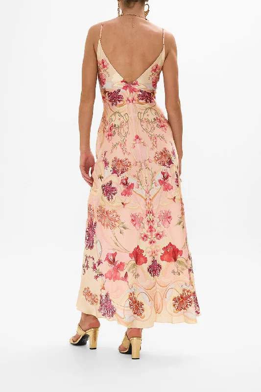 V NECK FULL LENGTH BIAS SLIP DRESS BLOSSOMS AND BRUSHSTROKES