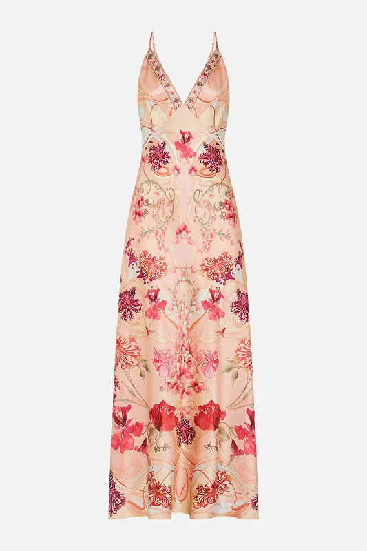 V NECK FULL LENGTH BIAS SLIP DRESS BLOSSOMS AND BRUSHSTROKES