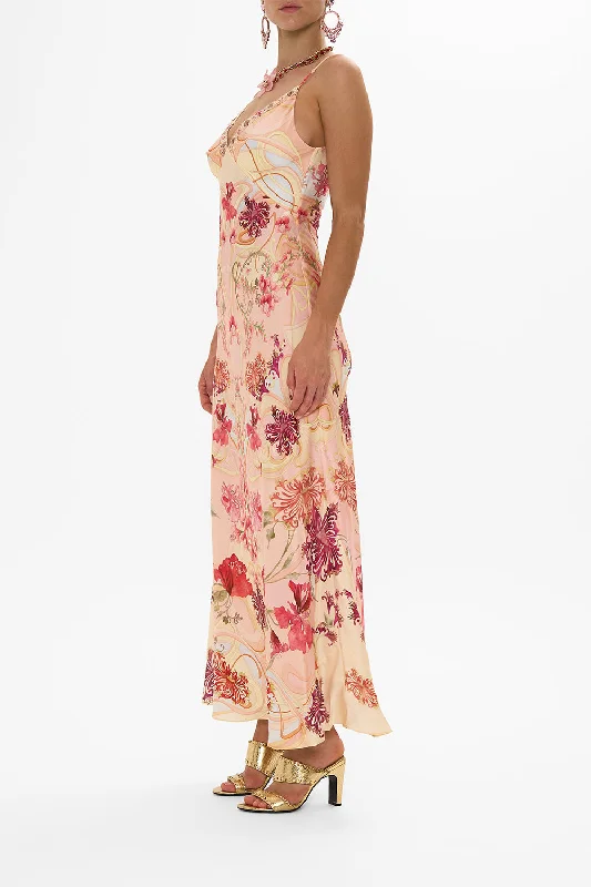 V NECK FULL LENGTH BIAS SLIP DRESS BLOSSOMS AND BRUSHSTROKES