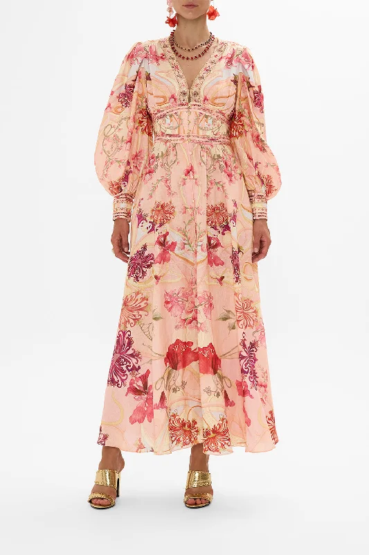 SHAPED WAISTBAND DRESS WITH GATHERED SLEEVES BLOSSOMS AND BRUSHSTROKES