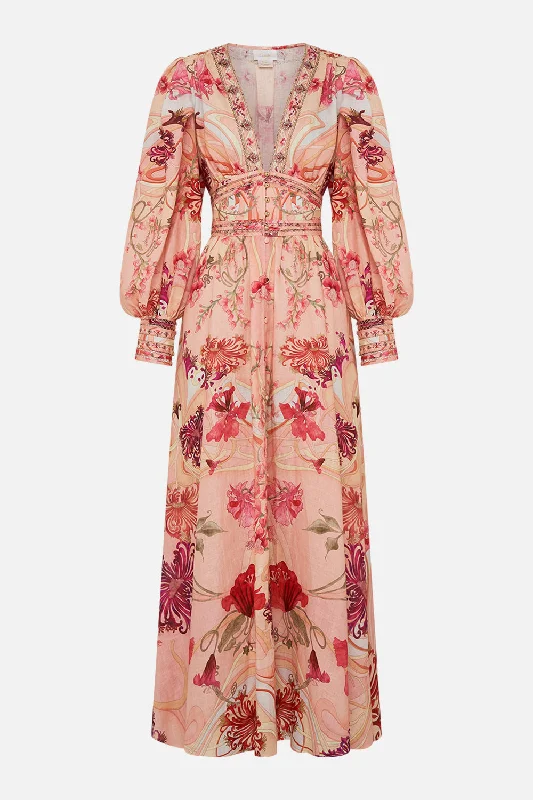 SHAPED WAISTBAND DRESS WITH GATHERED SLEEVES BLOSSOMS AND BRUSHSTROKES