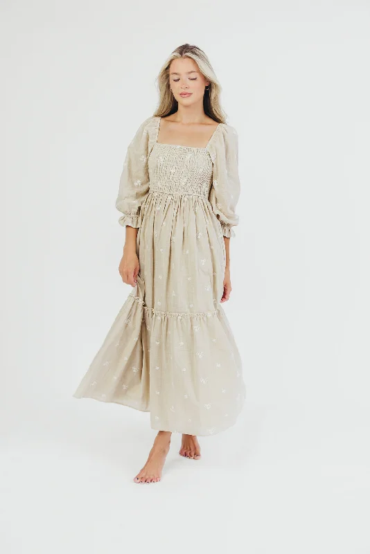 Naomi 3/4 Sleeve Embroidered Maxi Dress in Light Sage - Bump Friendly