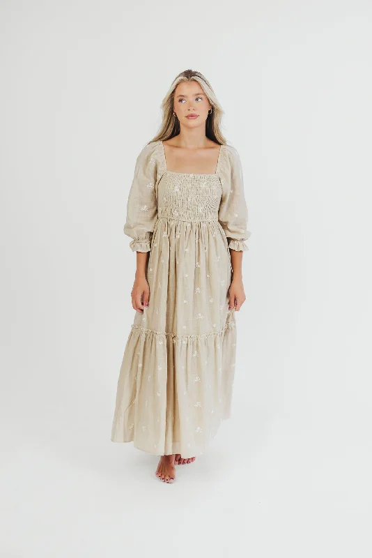 Naomi 3/4 Sleeve Embroidered Maxi Dress in Light Sage - Bump Friendly