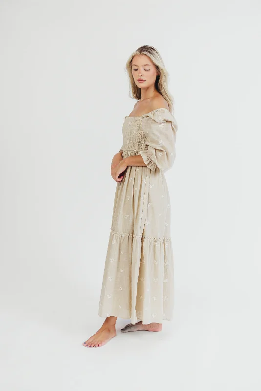 Naomi 3/4 Sleeve Embroidered Maxi Dress in Light Sage - Bump Friendly