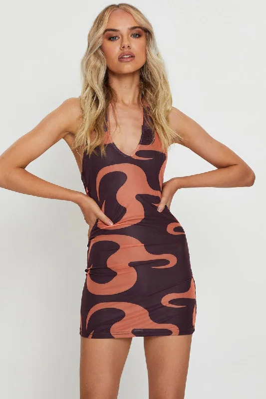 Abstract Print Mini Dress Halter Neck