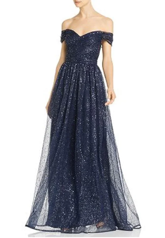 Navy Shimmer Grecian Off Shoulder Gown