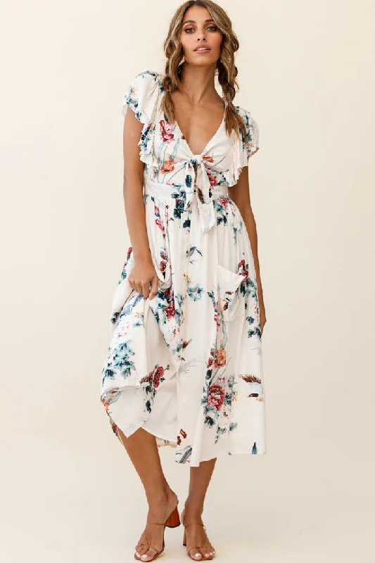 Amelie Tied Bust Pocket Midi Dress Floral Print Beige