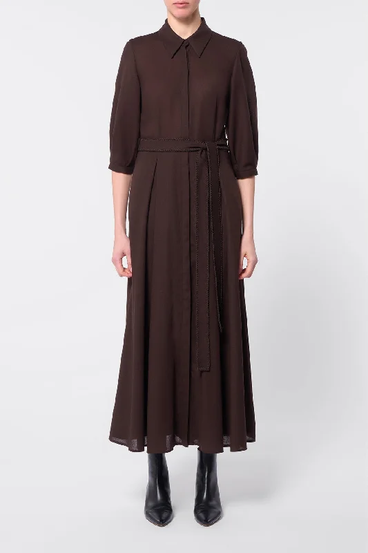 Andy Pleated Shirtdress in Chocolate Virgin Wool