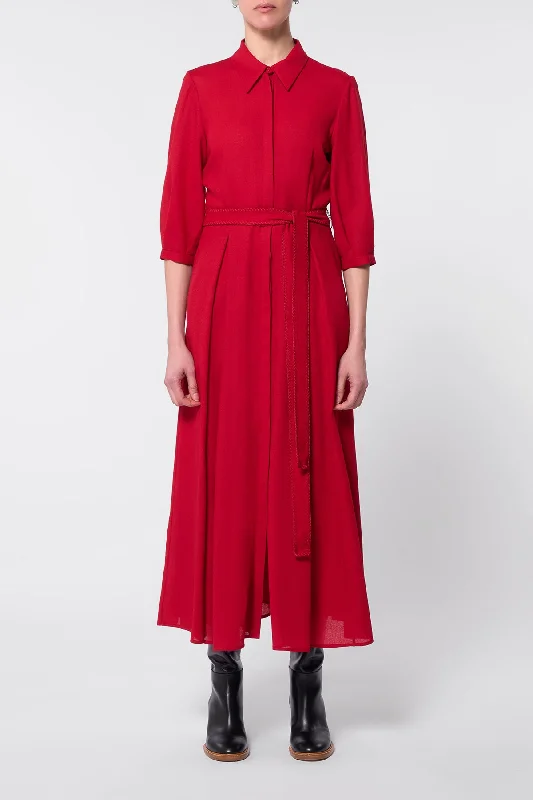 Andy Pleated Shirtdress in Scarlet Red Virgin Wool