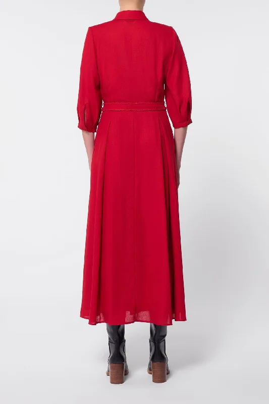 Andy Pleated Shirtdress in Scarlet Red Virgin Wool