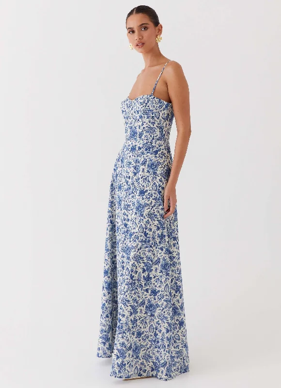 Angelina Linen Maxi Dress - Blue Paisley