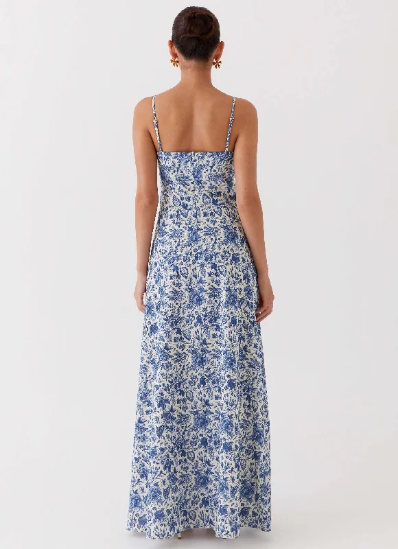 Angelina Linen Maxi Dress - Blue Paisley