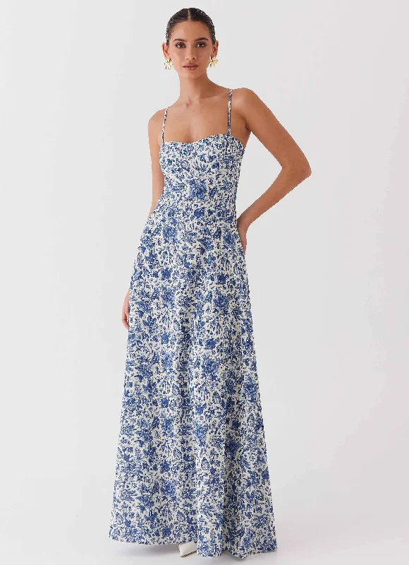 Angelina Linen Maxi Dress - Blue Paisley