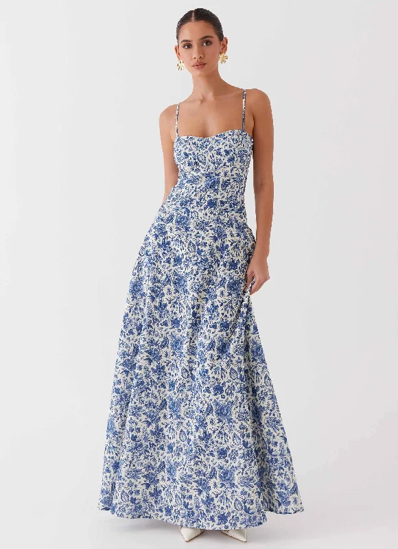 Angelina Linen Maxi Dress - Blue Paisley