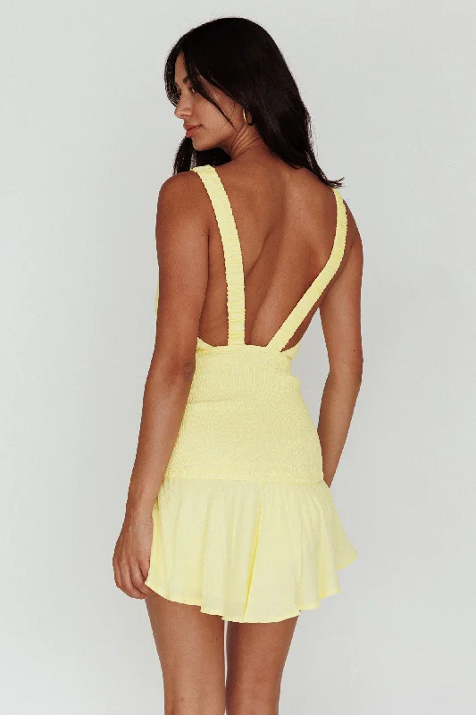 Antonine Elasticated Straps Shirred Waist Mini Dress Lemon