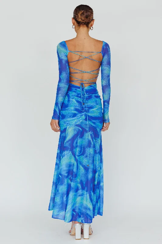 Apryl Long Sleeve Lace-Up Back Maxi Dress Blue