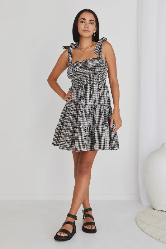 Arabella Black Gingham Shirred Tie Strappy Mini Dress