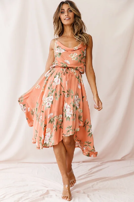 Ava Cowl Neck Drawstring Midi Dress Floral Print Peach