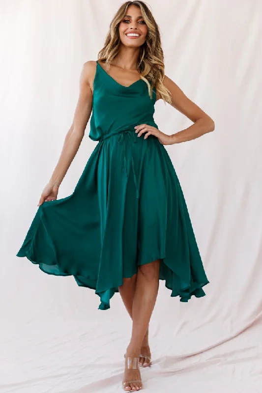 Ava Cowl Neck Drawstring Midi Dress Forest Green