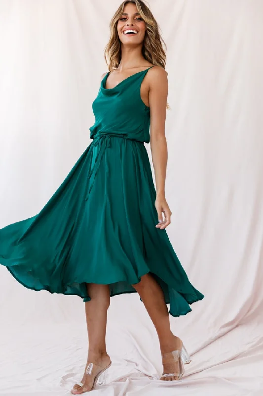 Ava Cowl Neck Drawstring Midi Dress Forest Green