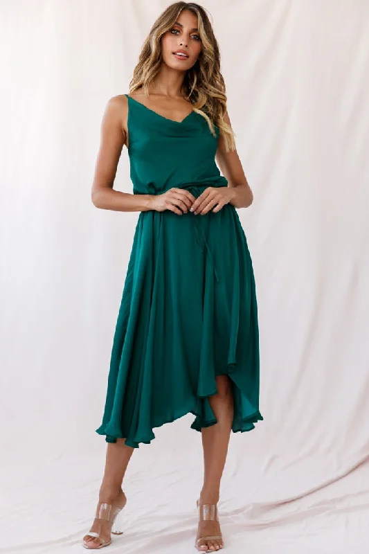 Ava Cowl Neck Drawstring Midi Dress Forest Green