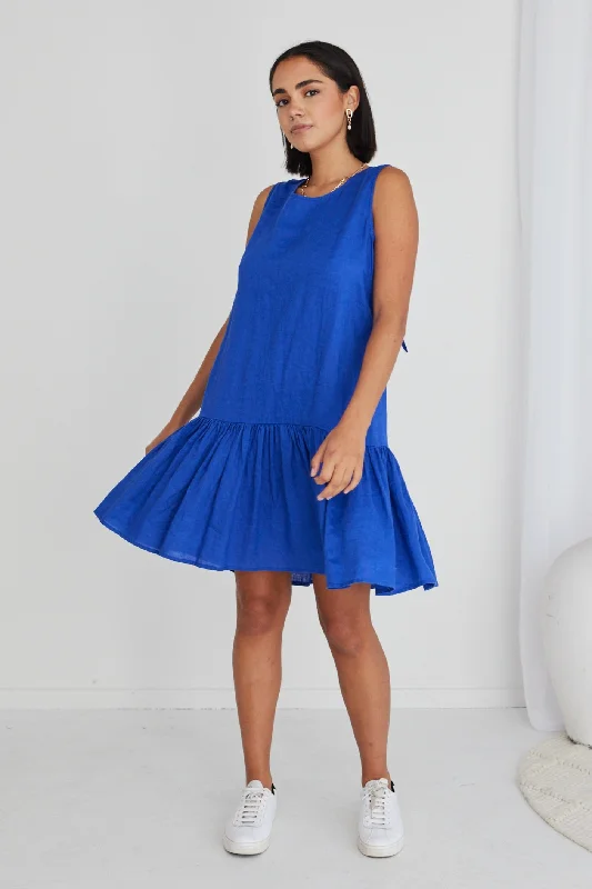 Ava Electric Blue Linen Sleeveless Frill Hem Smock Mini Dress