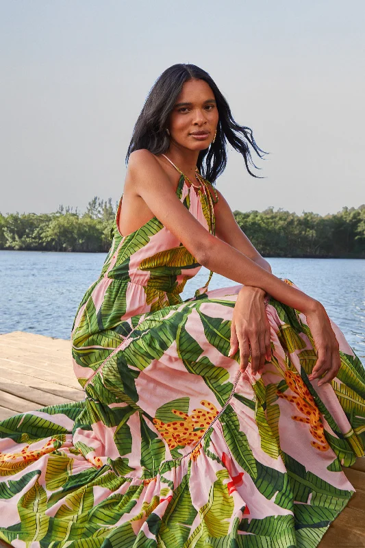 Pink Banana Leaves Sleeveless Maxi Dress