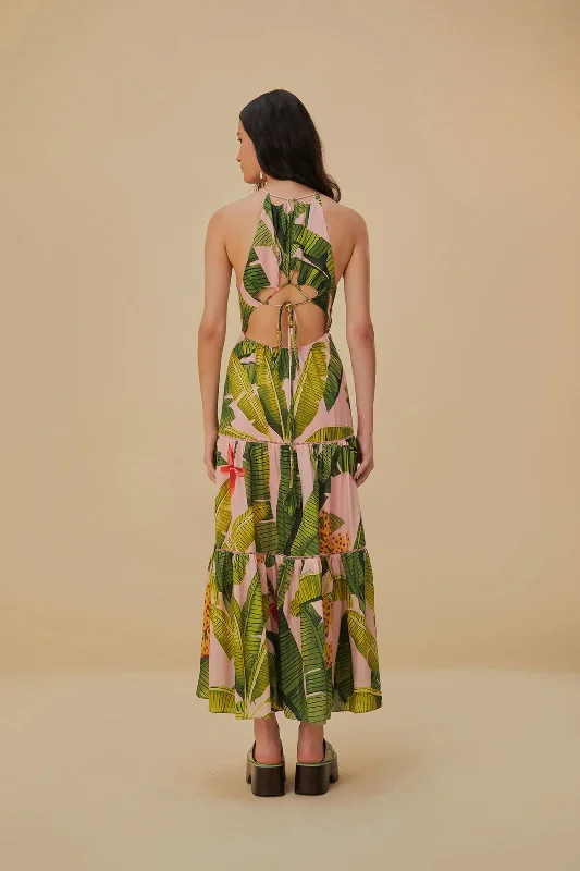 Pink Banana Leaves Sleeveless Maxi Dress