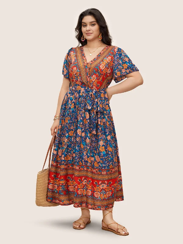 Bandana Surplice Neck Pocket Belted Flutter Hem Maxi Dress