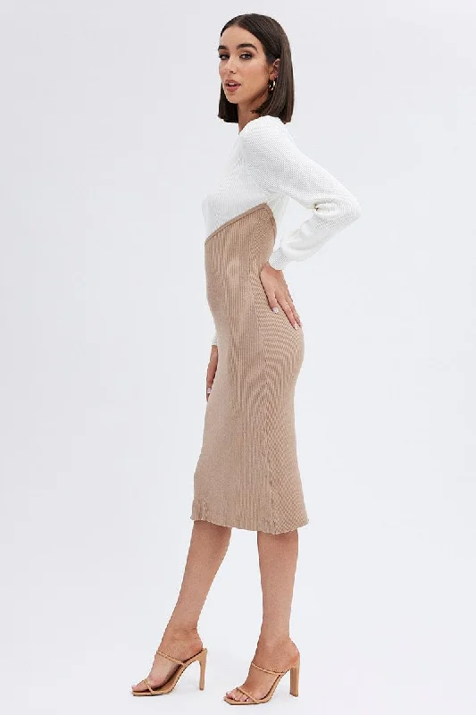 Beige Knit Dress Colour Block Midi