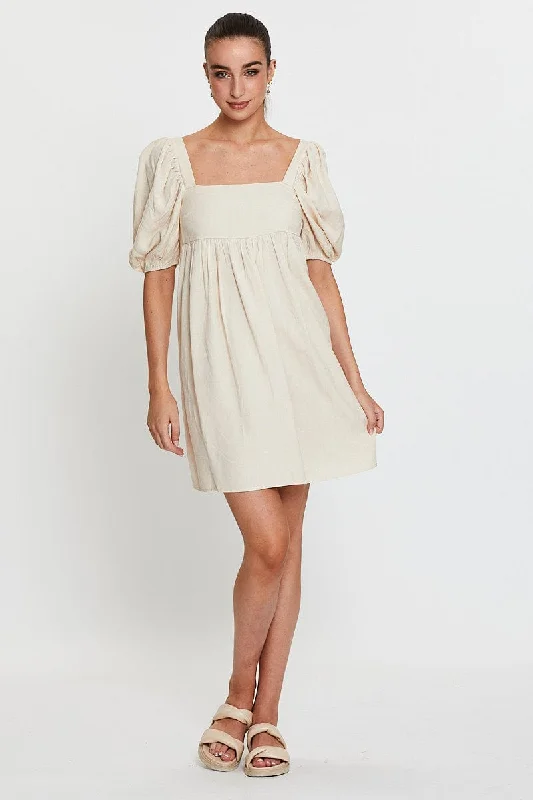 Beige Mini Dress Short Sleeve Square Neck