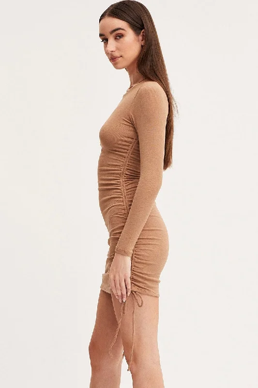 Beige Tie Back Dress Long Sleeve Mini