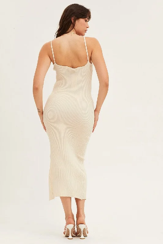 Beige V Neck Kint Midi Dress