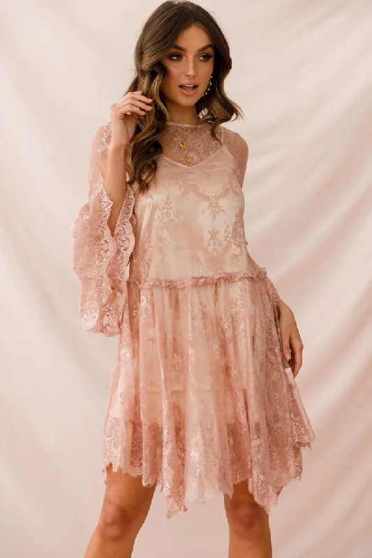 Birdie Lace Overlay Swing Dress Nude