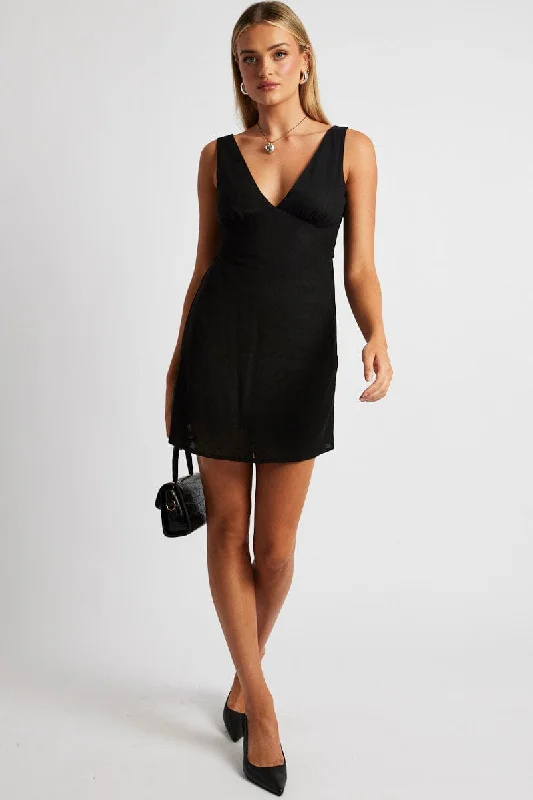 Black A Line Mini Dress Linen Blend