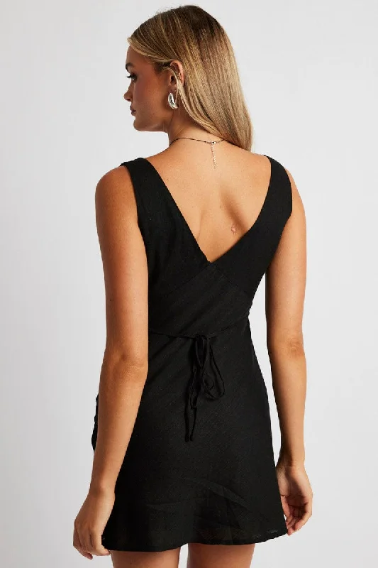 Black A Line Mini Dress Linen Blend