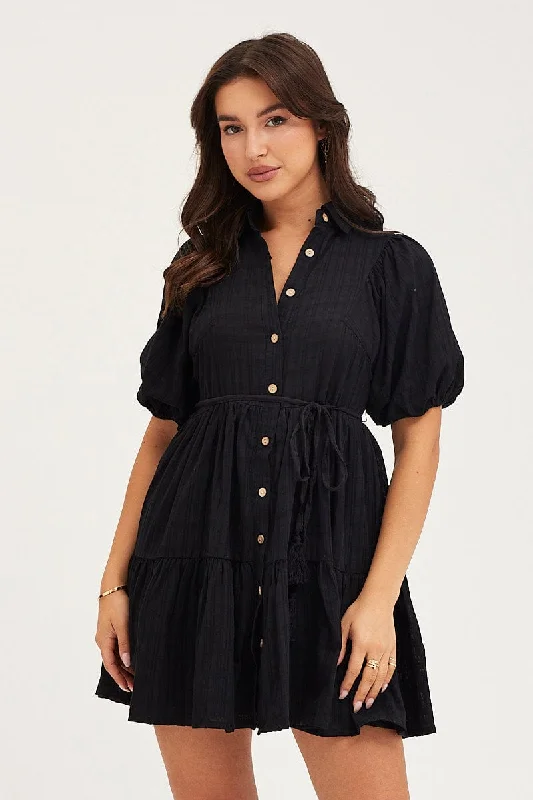 Black Balloon Sleeve Shirts Dress