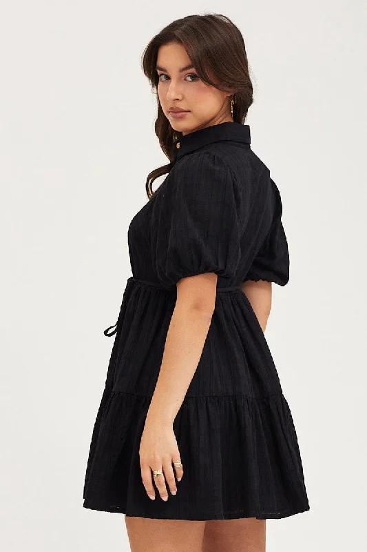 Black Balloon Sleeve Shirts Dress