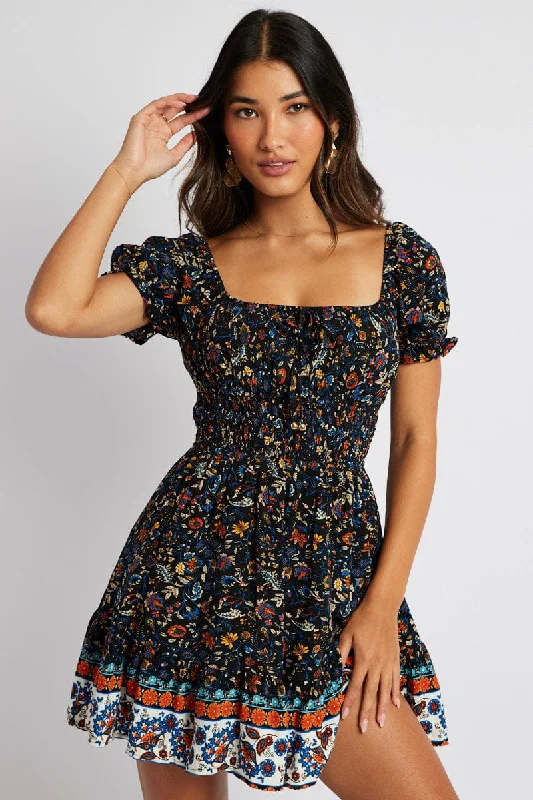 Black Boho Fit and Flare Dress Short Sleeve Ruched Bust