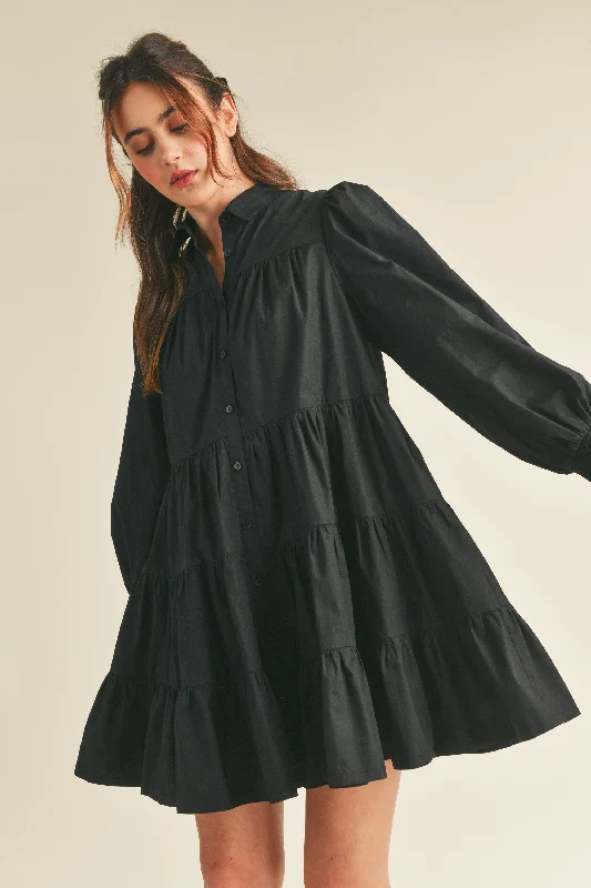 BLACK BUTTON DOWN LONG SLEEVE DRESS