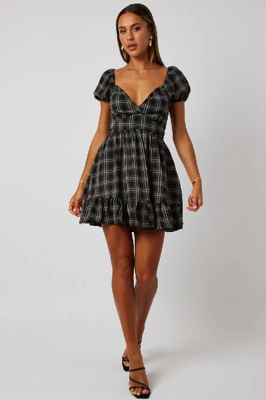 Black Check Fit And Flare Dress Puff Sleeve