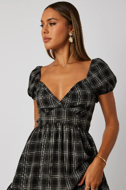 Black Check Fit And Flare Dress Puff Sleeve