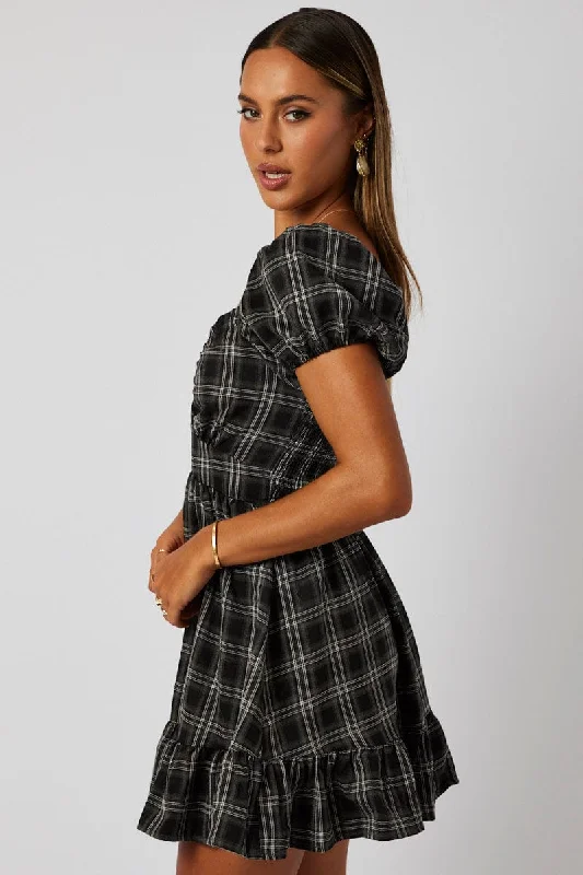 Black Check Fit And Flare Dress Puff Sleeve