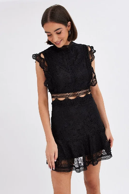 Black Dress Sleeveless Mini High Neck Lace