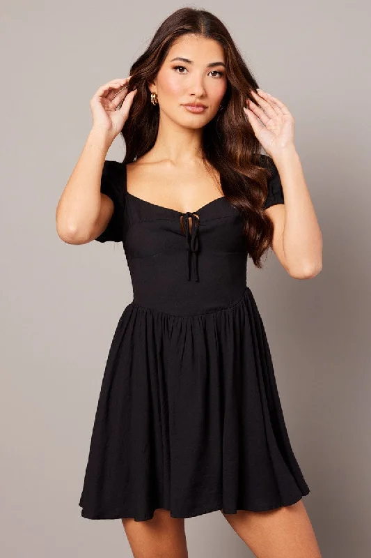 Black Fit And Flare Dress Puff Sleeve