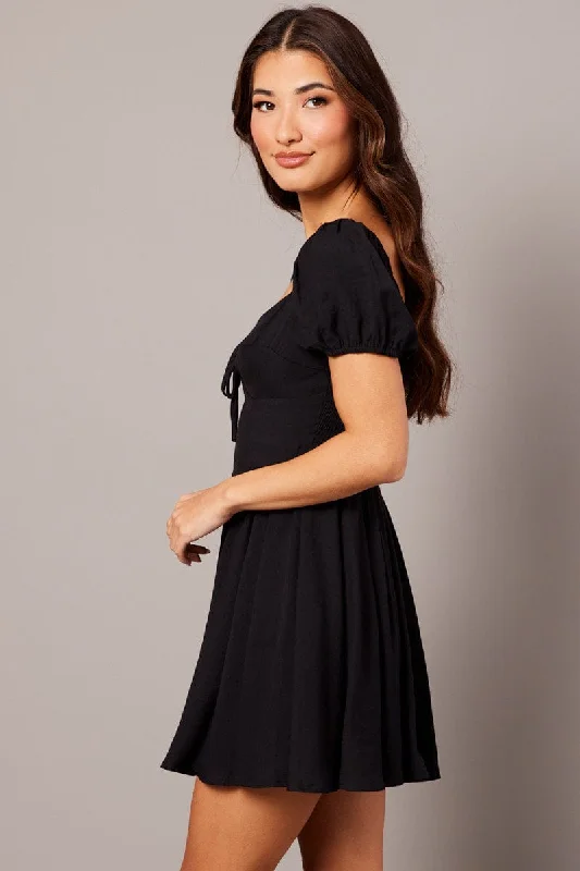 Black Fit And Flare Dress Puff Sleeve