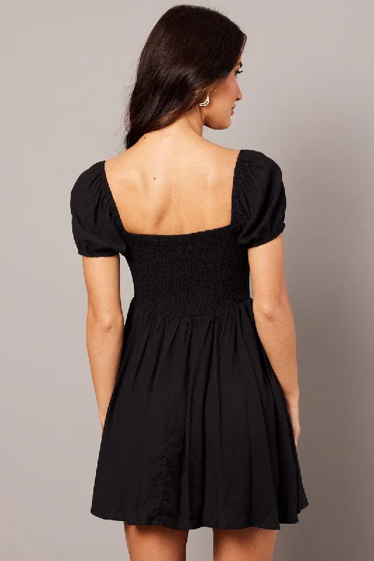 Black Fit And Flare Dress Puff Sleeve