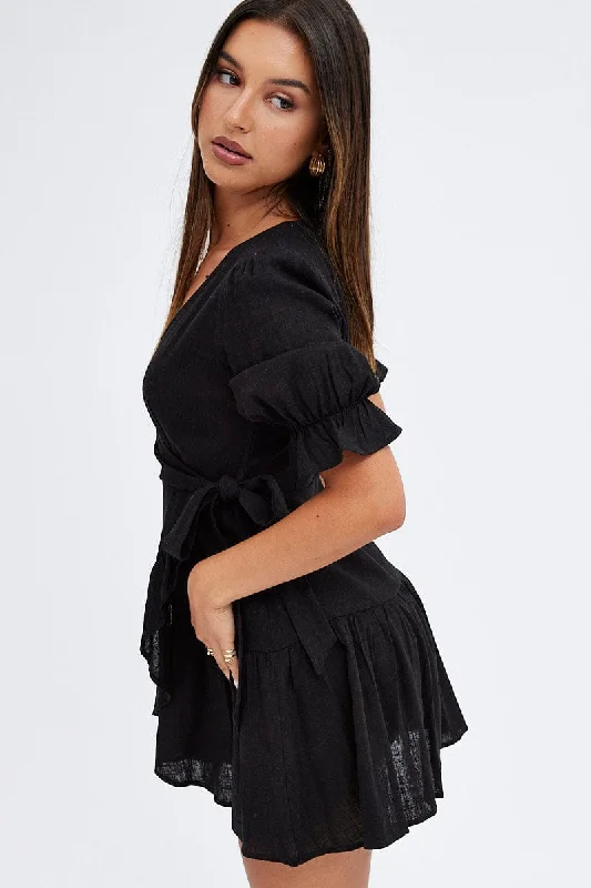 Black Fit And Flare Dress Puff Sleeve Linen Blend