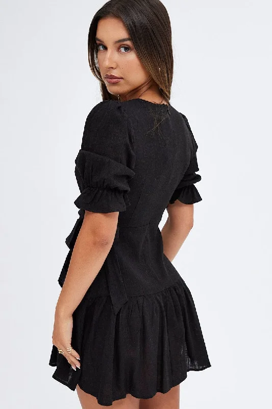 Black Fit And Flare Dress Puff Sleeve Linen Blend